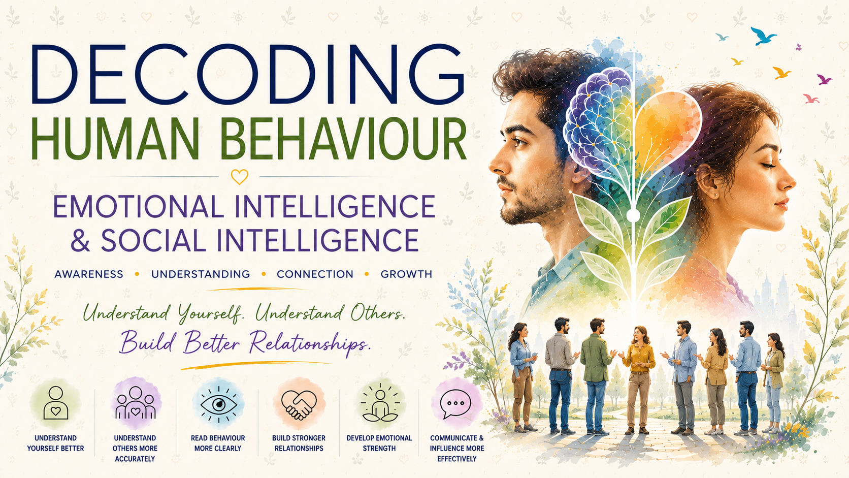 Decoding Human Behaviour workshop banner featuring Emotional Intelligence and Social Intelligence training by Dr. Ashish Sehgal, with artistic illustrations of two human profiles, brain and heart symbolism, and themes of self-awareness, understanding others, relationships, communication, and personal growth.
